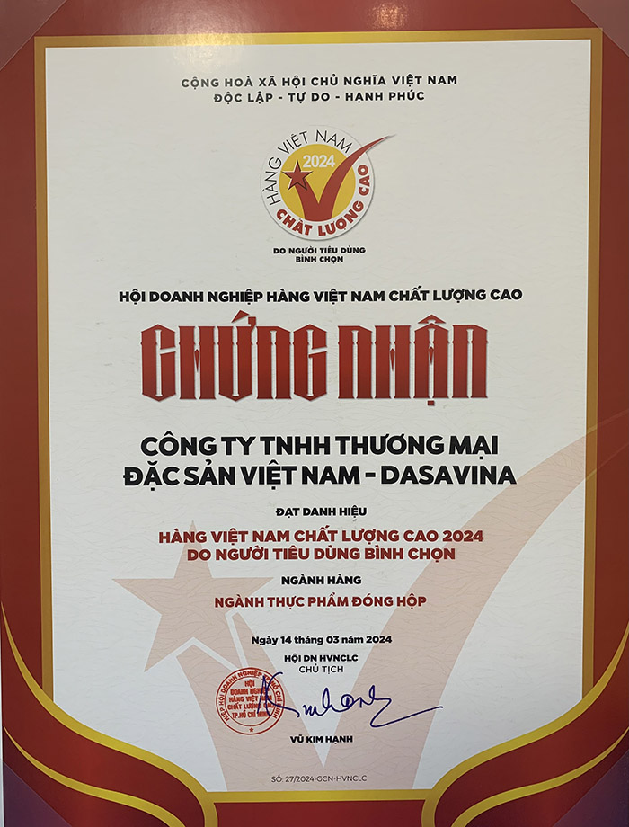 Chả mực Bá Kiến thương hiệu DASAVINA được chứng nhận là Hàng Việt Nam chất lượng cao